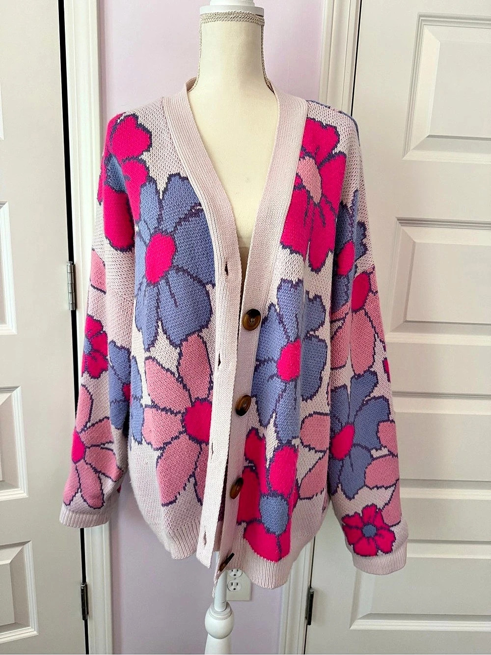 Pink Lily Floral Relaxed Fit Oversized Cardigan in Pink & Purple